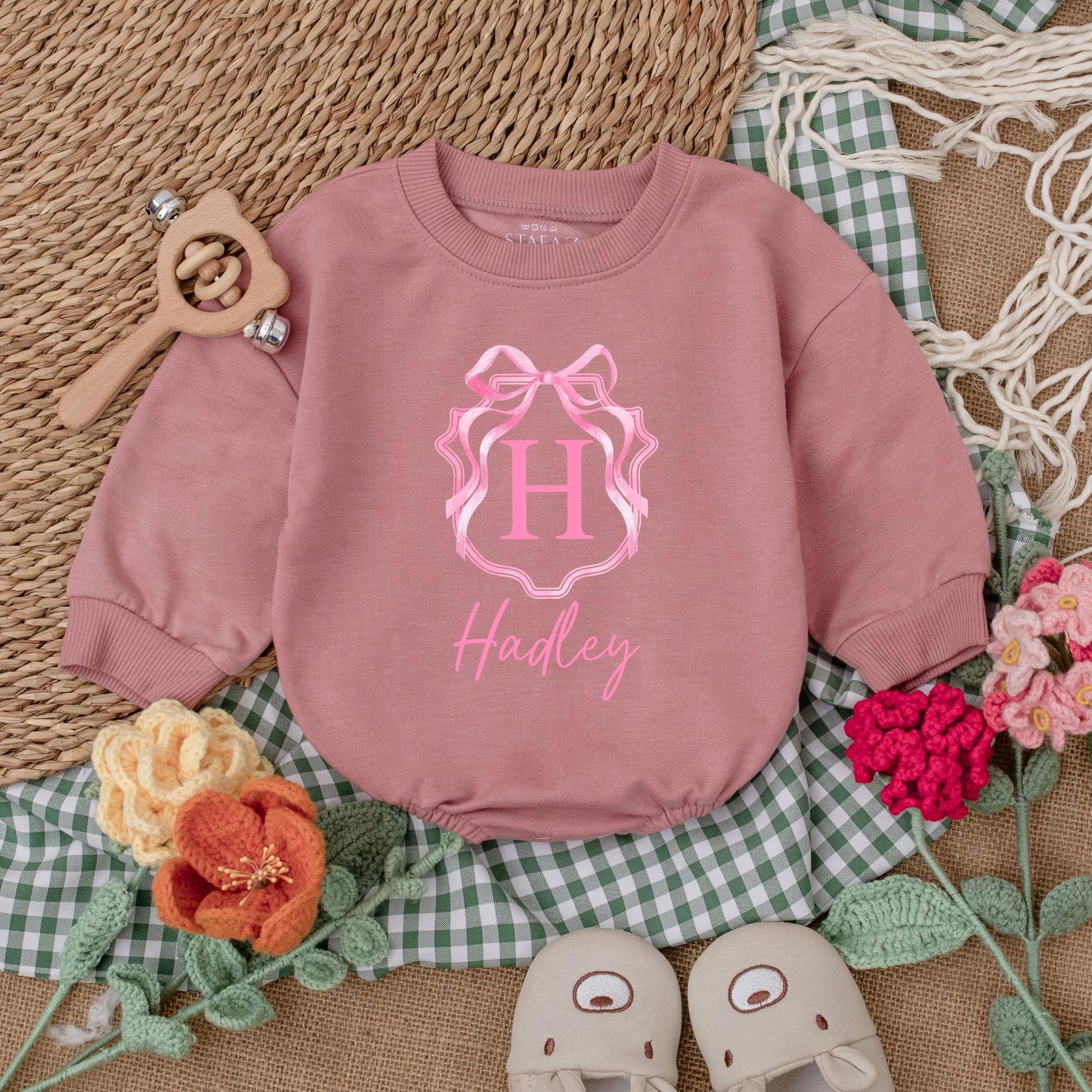 Custom Name Pink Bow Baby Girl Romper Sweetheart Coming Home Outfit First Birthday Baby Shower Gift