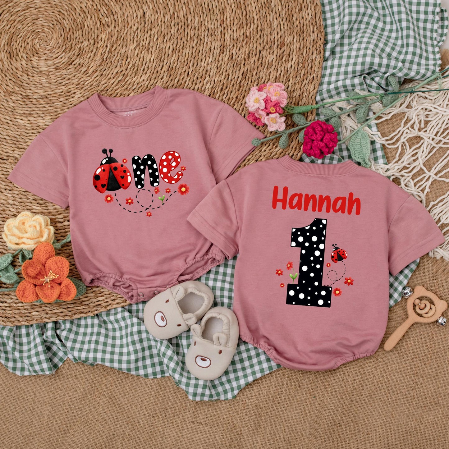 Personalized Ladybug First Birthday Romper | One Ladybug Baby Bodysuit | Girl's 1st Birthday Outfit | Baby Shower Gift (140 chars)