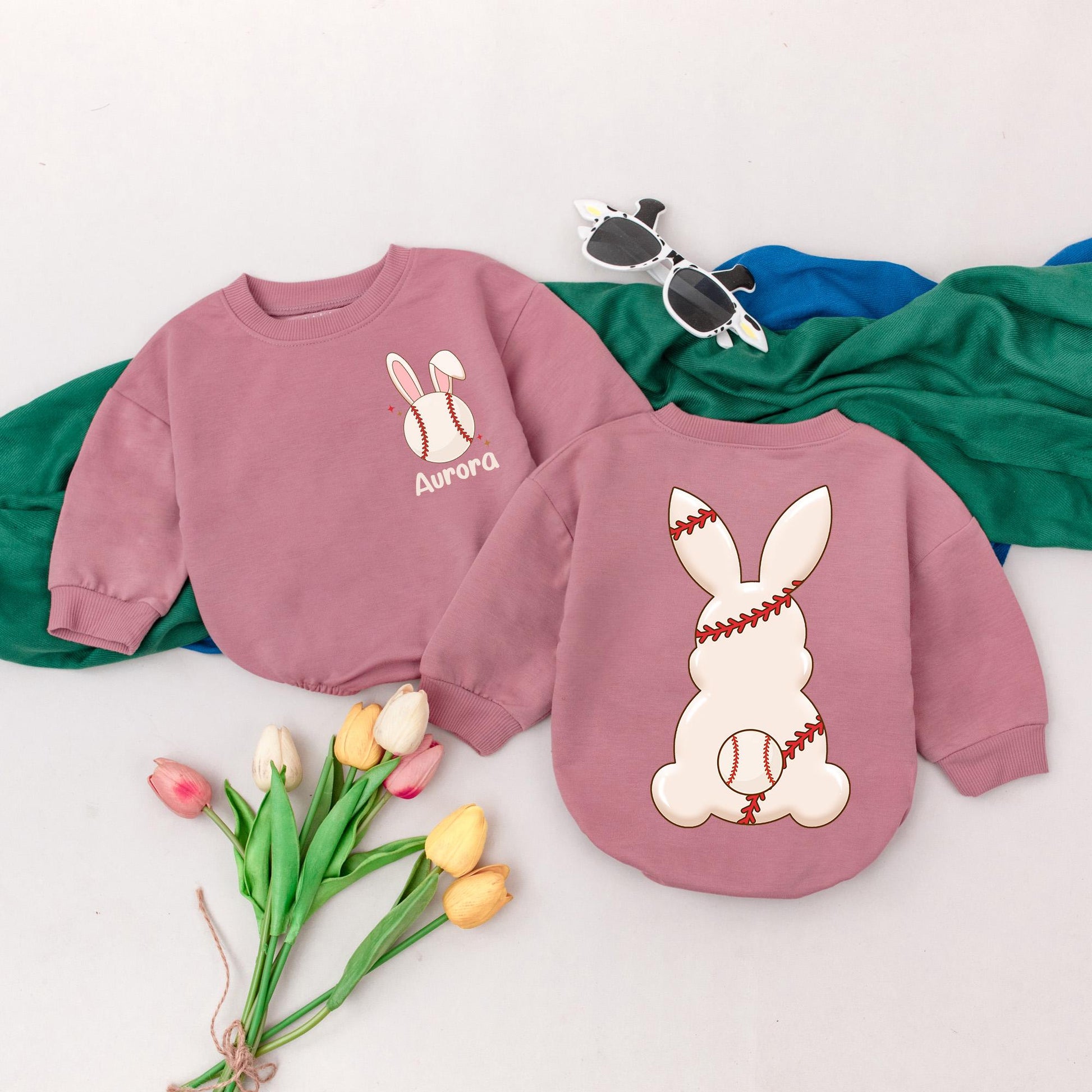 Personalized Easter Bunny Baseball Romper | 1st Easter Outfit for Baby Girl, Retro Game Day Gameday Season Gift | Custom Name Baseball Bubble Romper