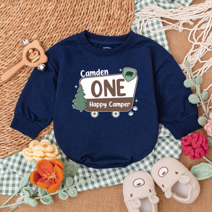 Personalized One Happy Camper Romper Camping First Birthday Outfit for Boys Adventure Baby Clothes