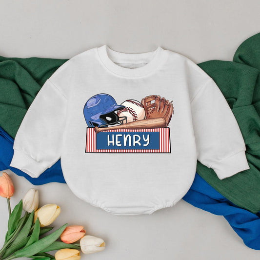 Personalized Name Baseball Baby Romper for Gameday Fun! Retro Baseball Outfit, Natural Bubble Romper, Baby Boy Gift, Newborn