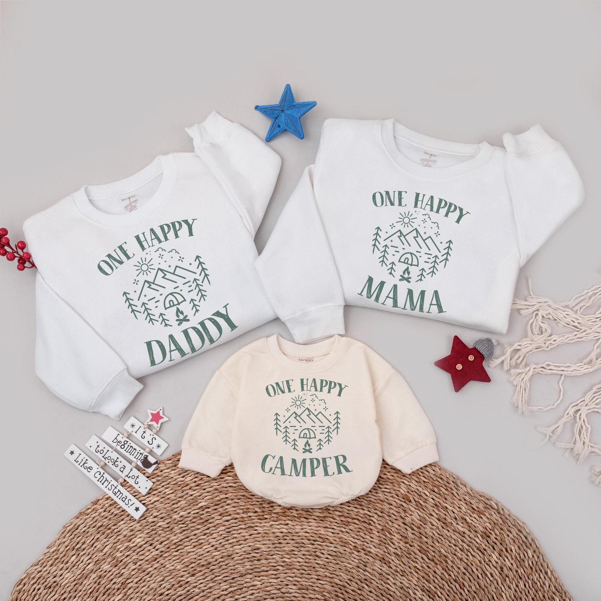 One Happy Camper First Birthday Matching Family Outfit Tee, Rustic Nature Sun Mountain Tree Star Tent Campfire Graphic Shirt