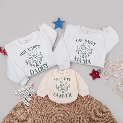 One Happy Camper First Birthday Matching Family Outfit Tee, Rustic Nature Sun Mountain Tree Star Tent Campfire Graphic Shirt