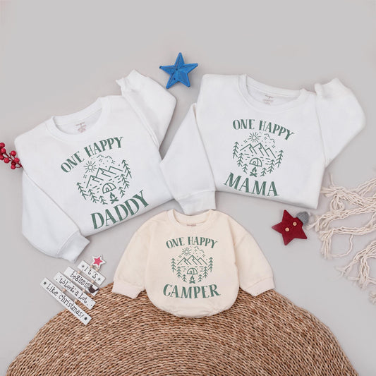 One Happy Camper First Birthday Matching Family Outfit Tee, Rustic Nature Sun Mountain Tree Star Tent Campfire Graphic Shirt