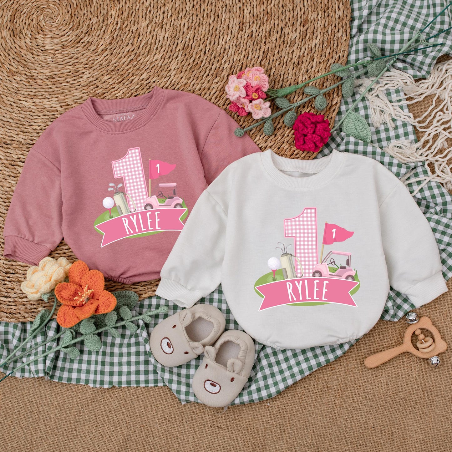 Personalized Pink Hole in One Golf Romper Baby Girl First Birthday Outfit Custom Golf Bodysuit Bubble Romper Gift