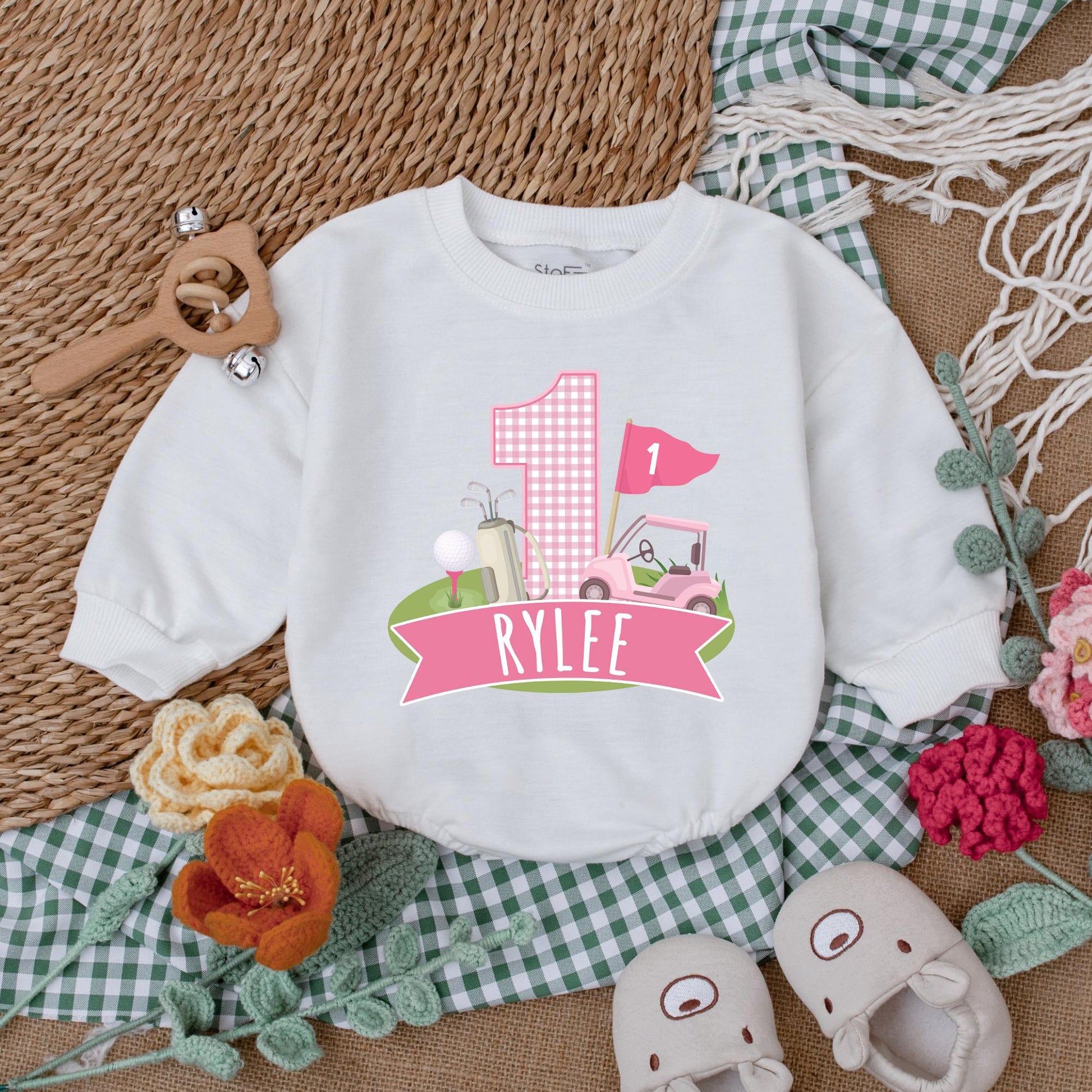 Personalized Pink Hole in One Golf Romper Baby Girl First Birthday Outfit Custom Golf Bodysuit Bubble Romper Gift