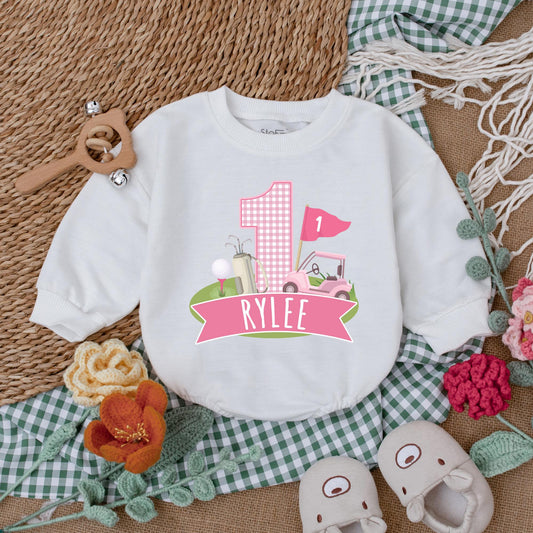 Personalized Pink Hole in One Golf Romper Baby Girl First Birthday Outfit Custom Golf Bodysuit Bubble Romper Gift