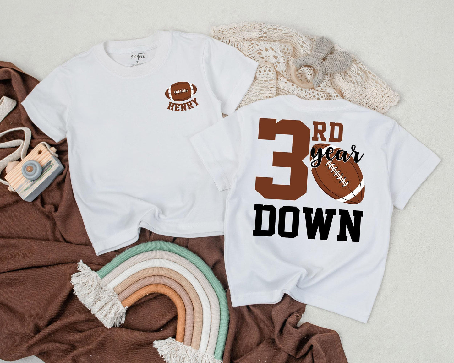 Personalized 3rd Birthday Football Shirt for Toddler Boy - Custom Game Day Outfit, Third Year Down Tee, Football Party Gift (140 chars)