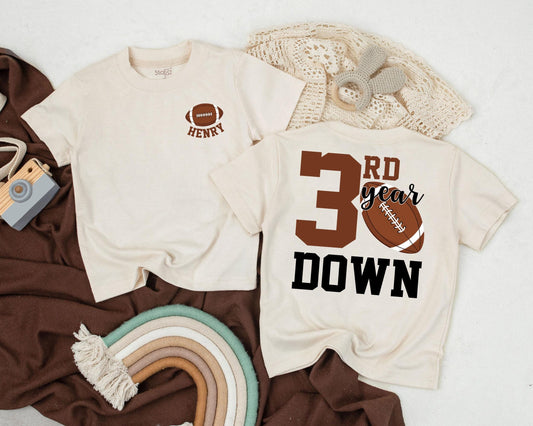 Personalized 3rd Birthday Football Shirt for Toddler Boy - Custom Game Day Outfit, Third Year Down Tee, Football Party Gift (140 chars)
