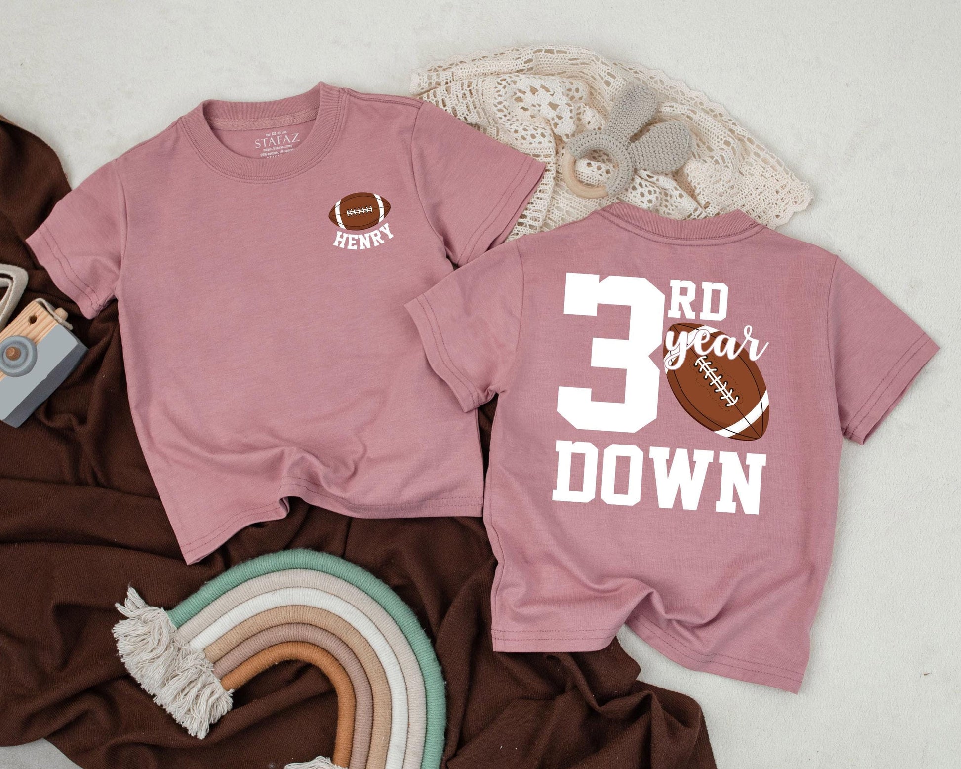 Personalized 3rd Birthday Football Shirt for Toddler Boy - Custom Game Day Outfit, Third Year Down Tee, Football Party Gift (140 chars)