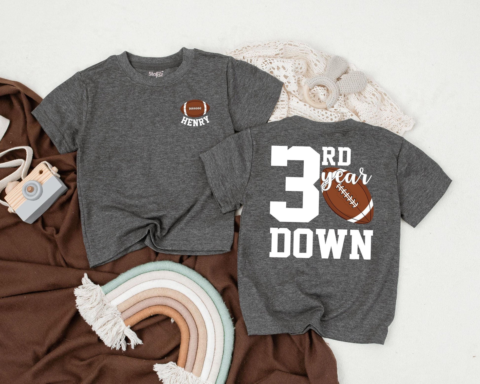 Personalized 3rd Birthday Football Shirt for Toddler Boy - Custom Game Day Outfit, Third Year Down Tee, Football Party Gift (140 chars)