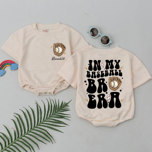 Personalized Retro Baseball Bro Era Baby Boy Short Sleeve Bubble Romper for Gameday Season Vintage Playful Style Outfit with Lightning Bolts
