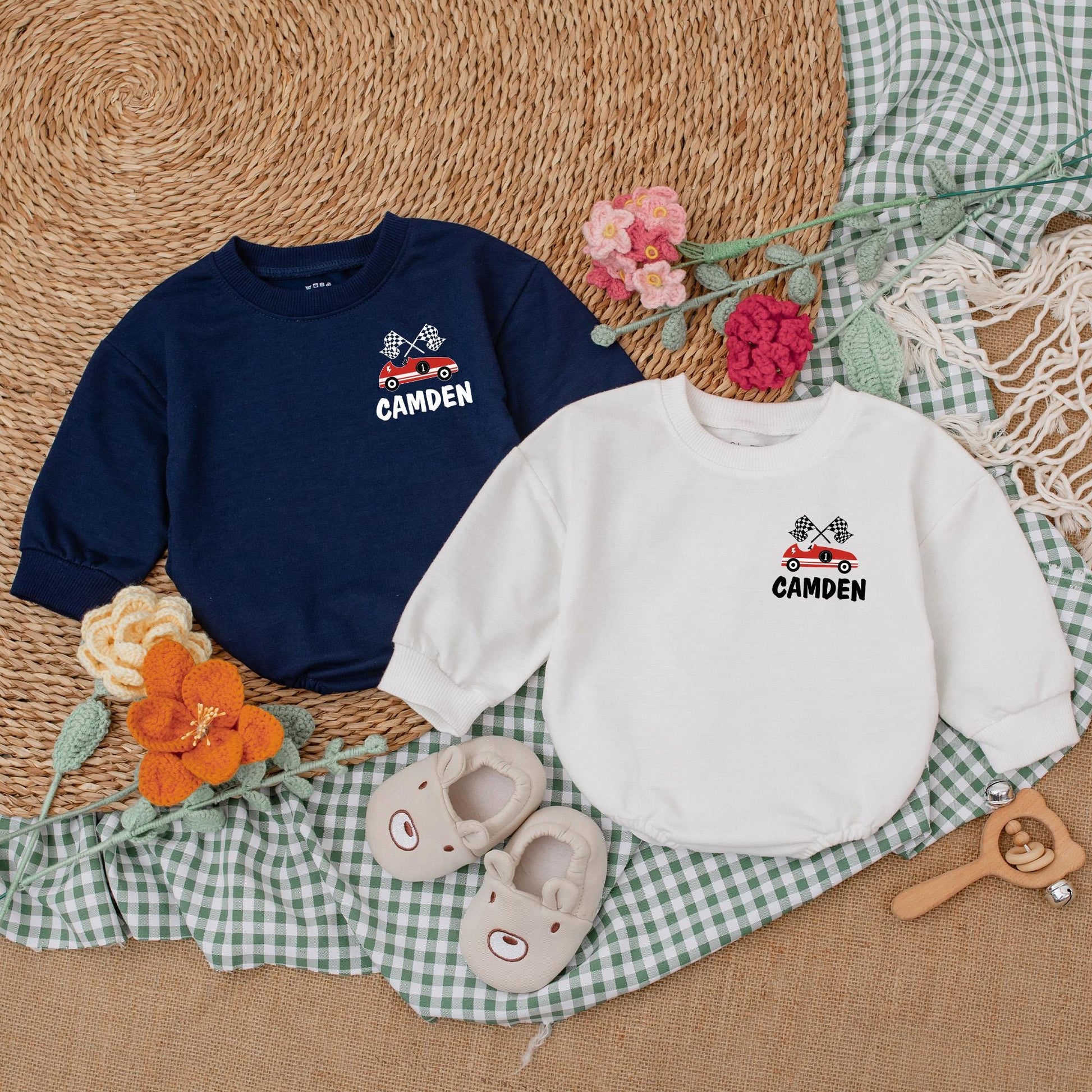 Fast One Birthday Romper Boys Racecar Theme Bubble Bodysuit First Birthday Outfit Custom Name Welcome to the 1 Year Old Club