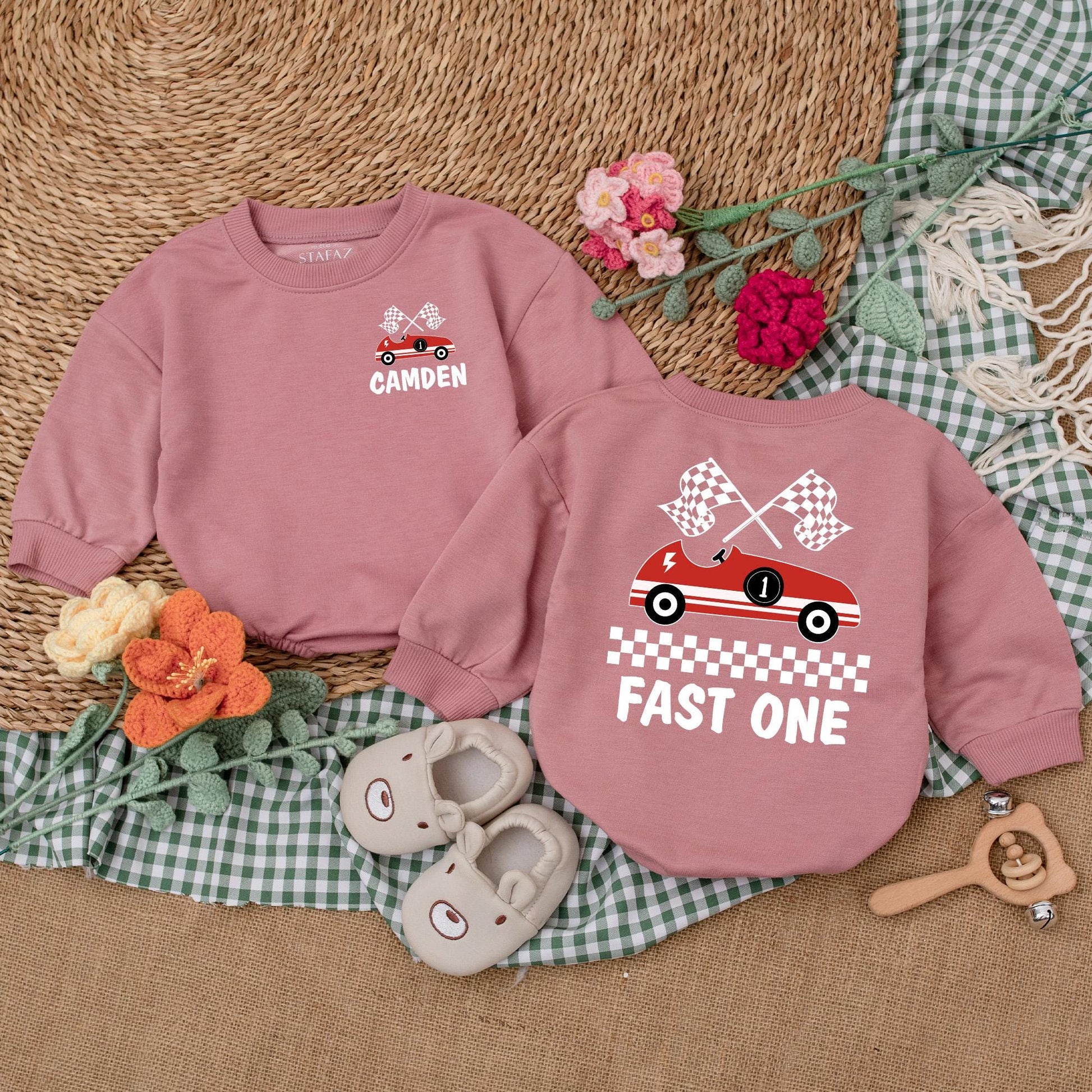 Fast One Birthday Romper Boys Racecar Theme Bubble Bodysuit First Birthday Outfit Custom Name Welcome to the 1 Year Old Club
