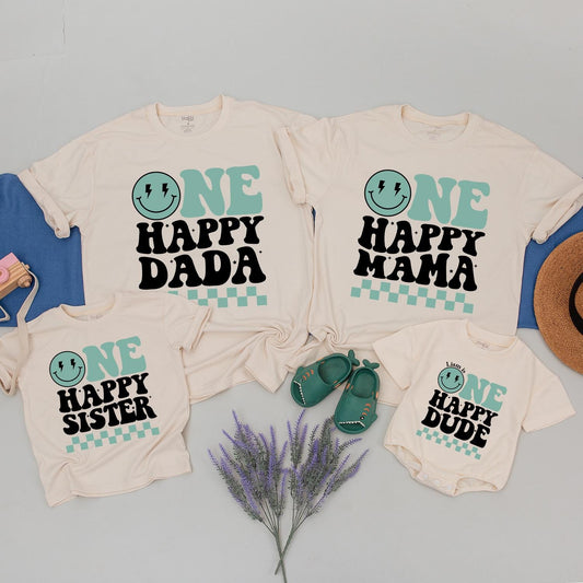 One Happy Dude 1st Birthday Family Matching Shirts, Smiley Face Cool Dude Celebration Outfit