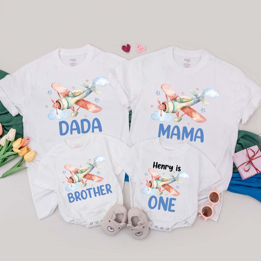 Time Flies 1st Birthday Family Matching Shirts and Flying Into One Romper for Airplane Party