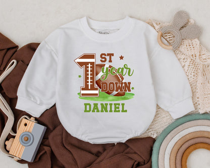 Football 1st Birthday Romper Baby Boy Outfit | Personalized Game Day Newborn Bodysuit First Down Clothes