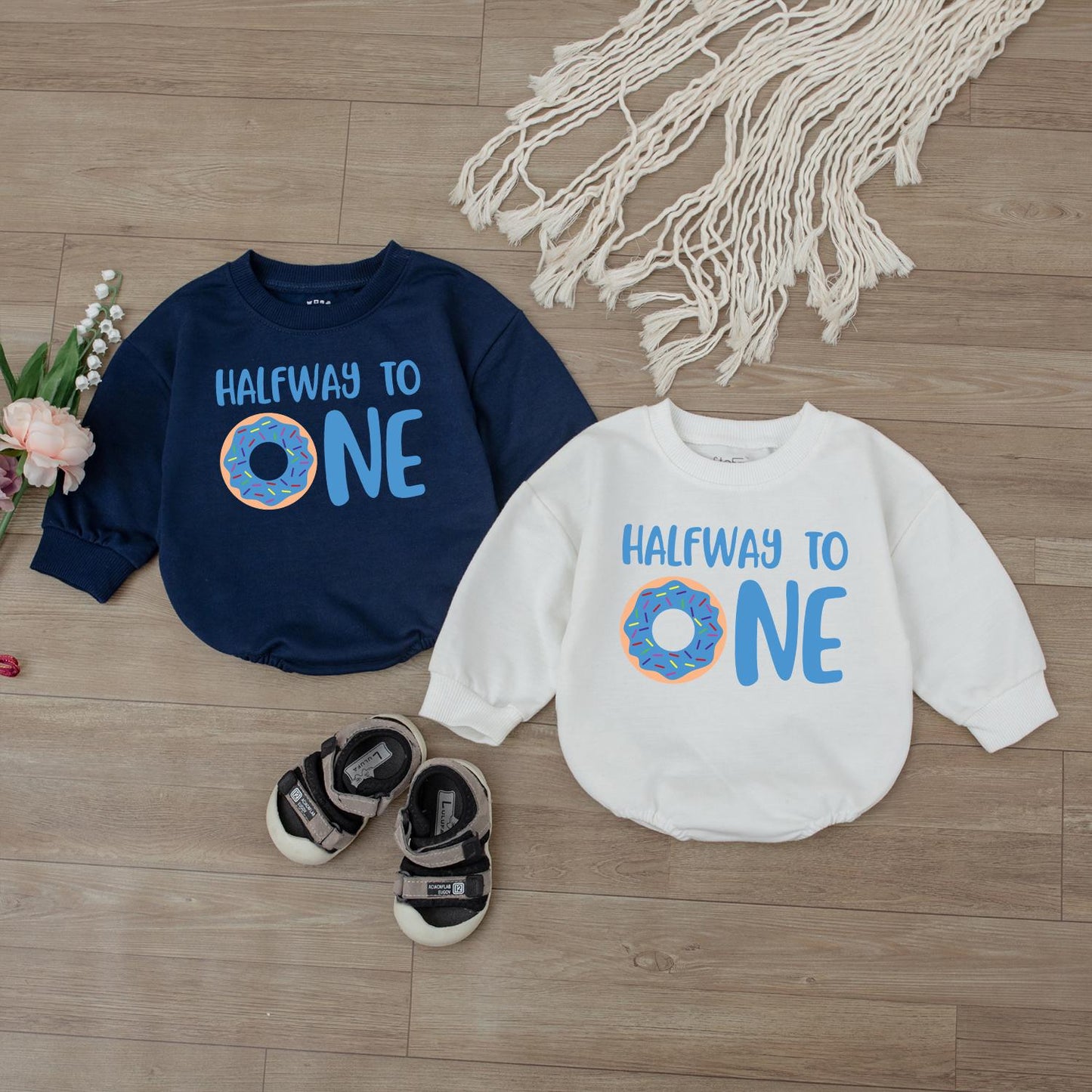 Half Way To One Donut Birthday Romper Cute Donut Design Baby Boy Outfit First Birthday Gift Comfortable Cotton Bodysuit Celebration Wear