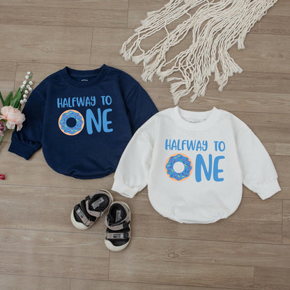 Half Way To One Donut Birthday Romper Cute Donut Design Baby Boy Outfit First Birthday Gift Comfortable Cotton Bodysuit Celebration Wear