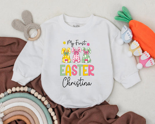 My First Easter Bubble Romper Personalized Name Easter Boy Girl Outfit Cute Bunny Bodysuit Baby Shower Gift