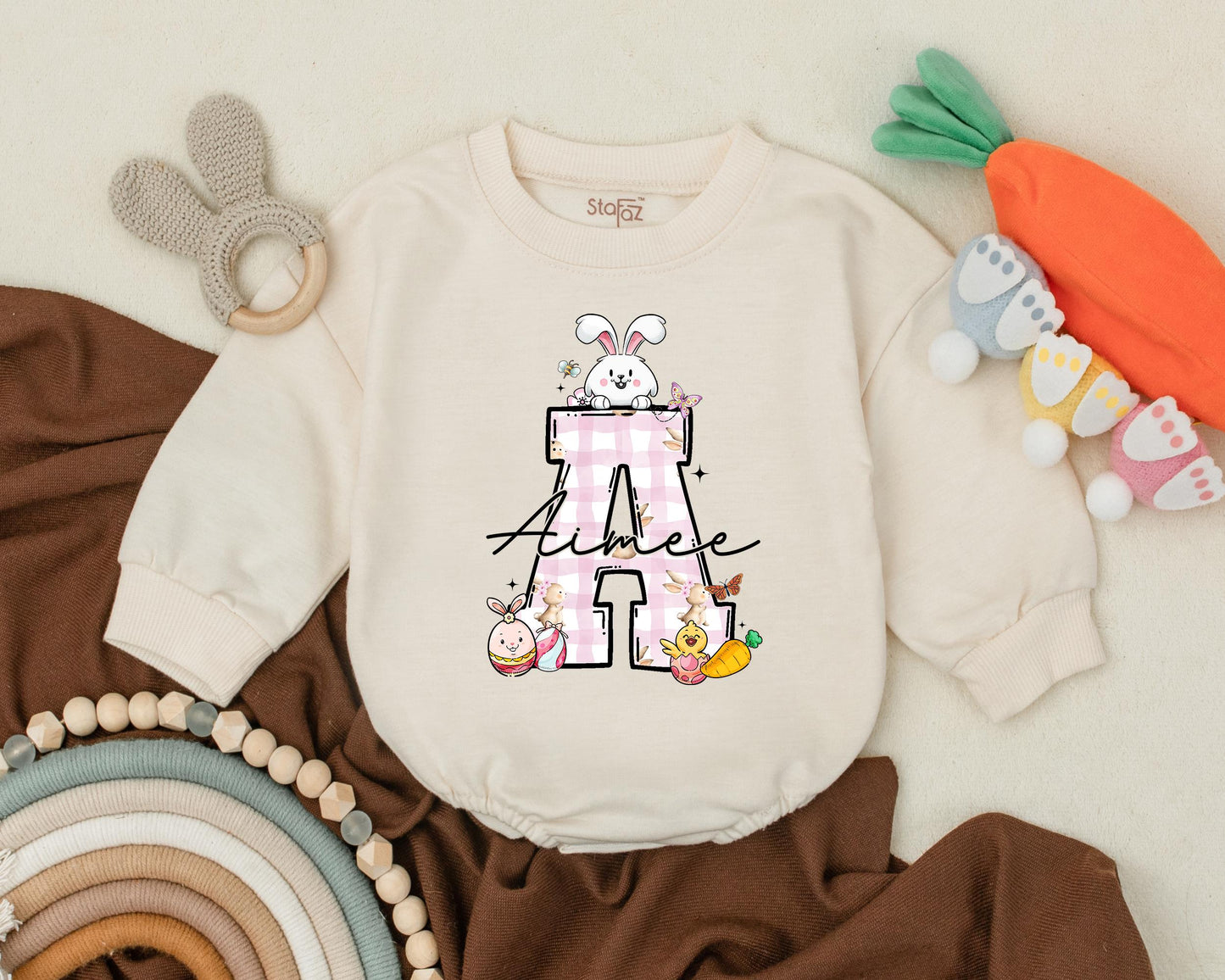 First Easter Baby Romper Personalized Name Cute Bunny Outfit Newborn Spring Bodysuit Baby Shower Gift for Boys Girls