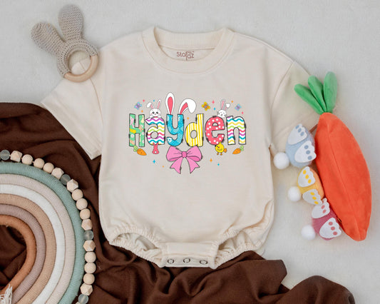 First Easter Baby Romper with Custom Name, Cute Bunny Design, Personalized Spring Baby Bodysuit, Baby Shower Gift for Girls