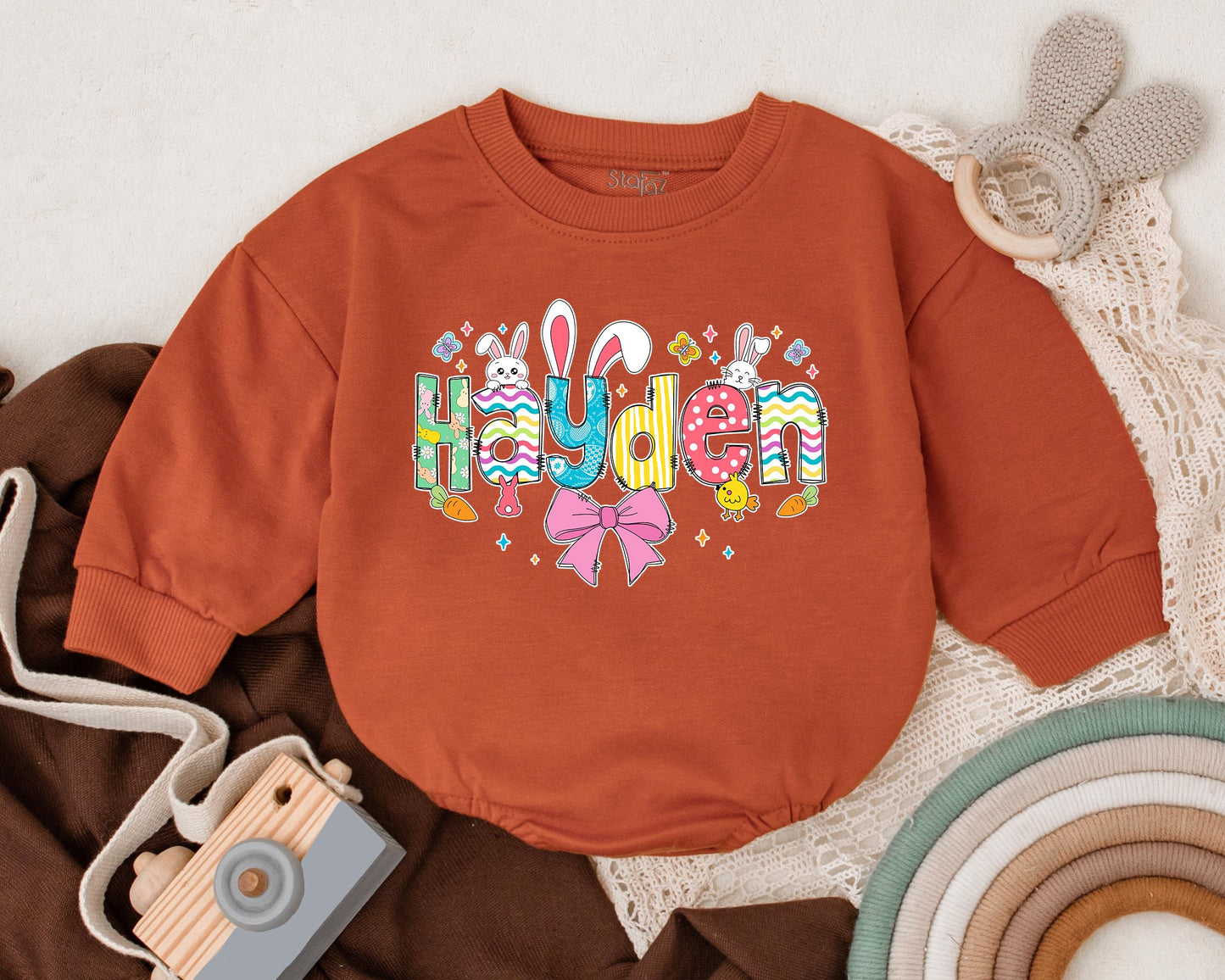 First Easter Baby Romper with Custom Name, Cute Bunny Design, Personalized Spring Baby Bodysuit, Baby Shower Gift for Girls