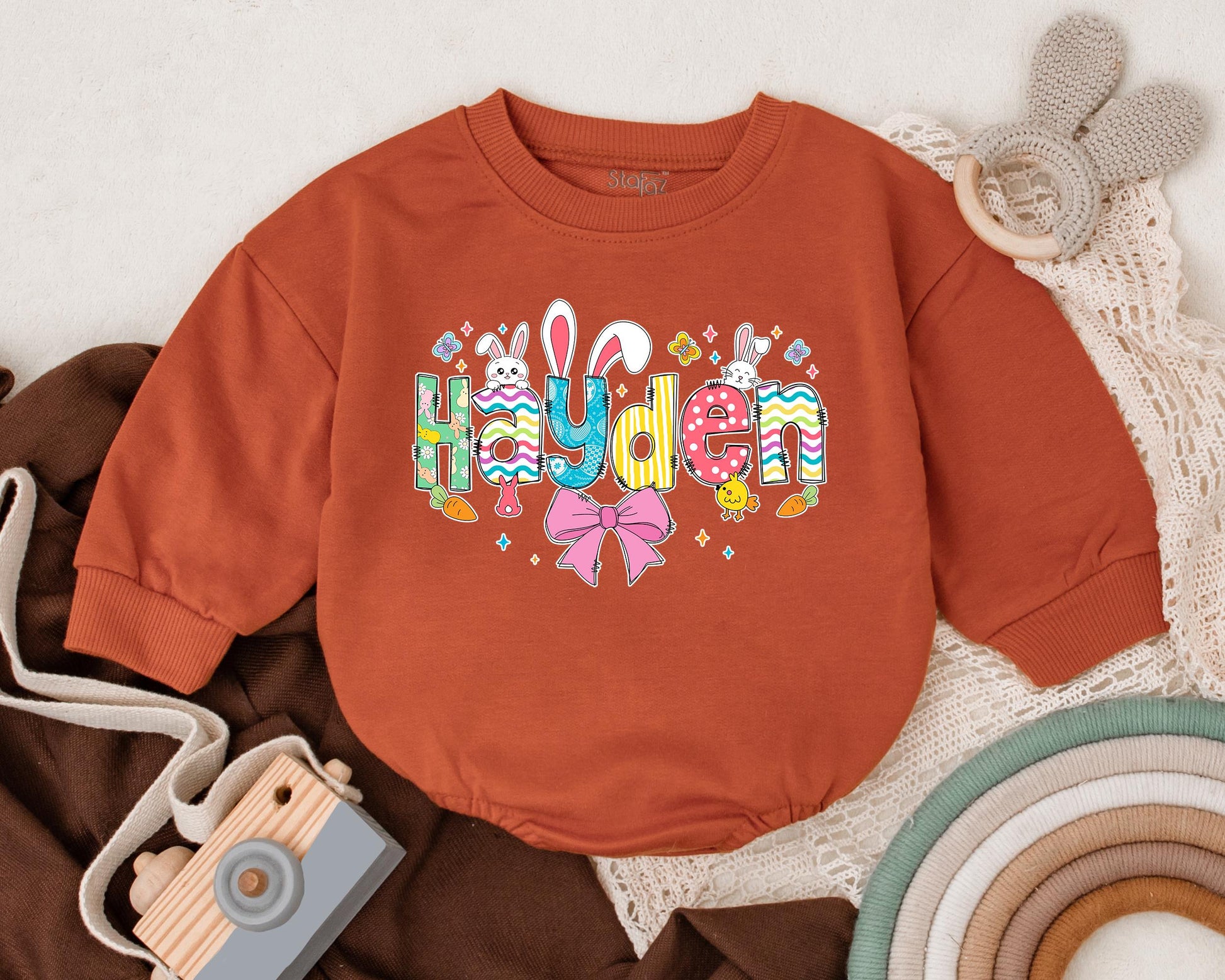 First Easter Baby Romper with Custom Name, Cute Bunny Design, Personalized Spring Baby Bodysuit, Baby Shower Gift for Girls