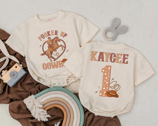 Pucker Up Cowboy Personalized Name Romper Western Baby Boy 1st Birthday Outfit Retro Cowboy Bodysuit Baby Shower Gift