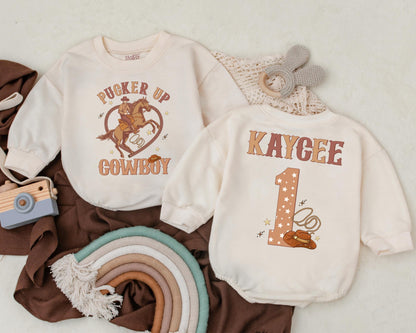 Pucker Up Cowboy Personalized Name Romper Western Baby Boy 1st Birthday Outfit Retro Cowboy Bodysuit Baby Shower Gift