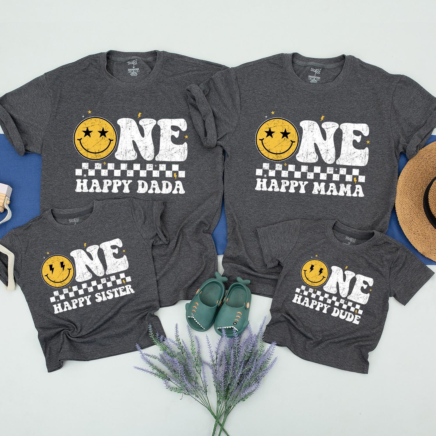 One Happy Dude 1st Birthday Family Matching Shirts Cute Smiley Face Design for Boys & Girls Toddler Baby Celebration Outfit