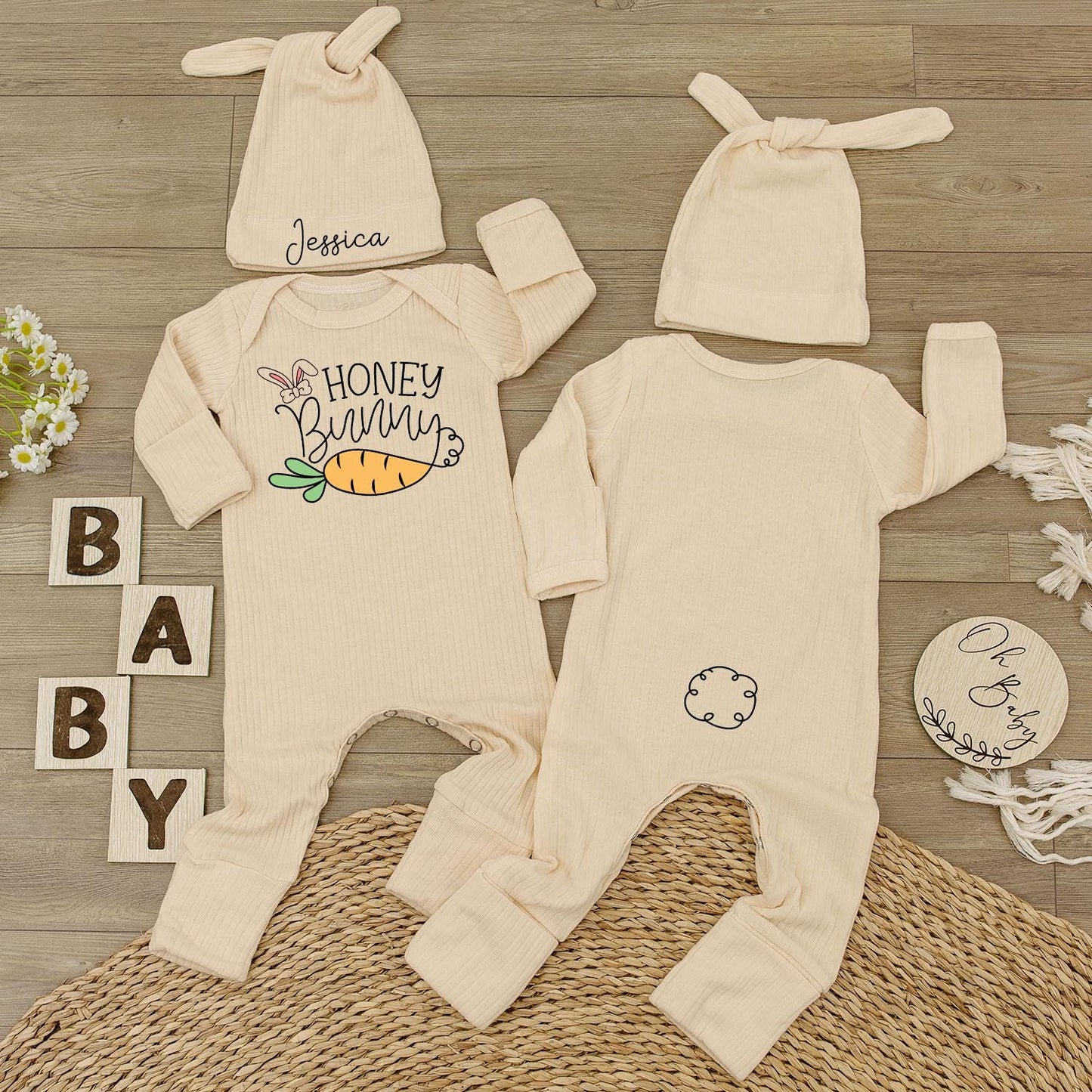 Custom Honey Bunny Bodysuit & Hat Set Jessica Rabbit Carrot Design Baby Shower Easter Newborn Outfit Gift