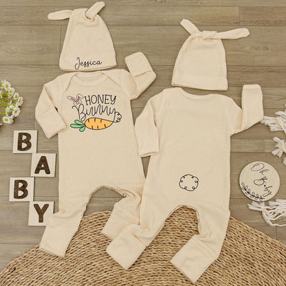 Custom Honey Bunny Bodysuit & Hat Set Jessica Rabbit Carrot Design Baby Shower Easter Newborn Outfit Gift