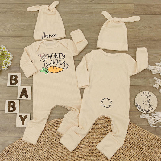 Custom Honey Bunny Bodysuit & Hat Set Jessica Rabbit Carrot Design Baby Shower Easter Newborn Outfit Gift