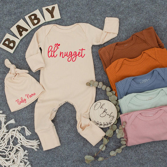 Lil Nugget Chicken Baby Bodysuit & Hat Set | Cute Newborn Announcement Gift, Coming Home Outfit for Baby, Pregnancy Reveal