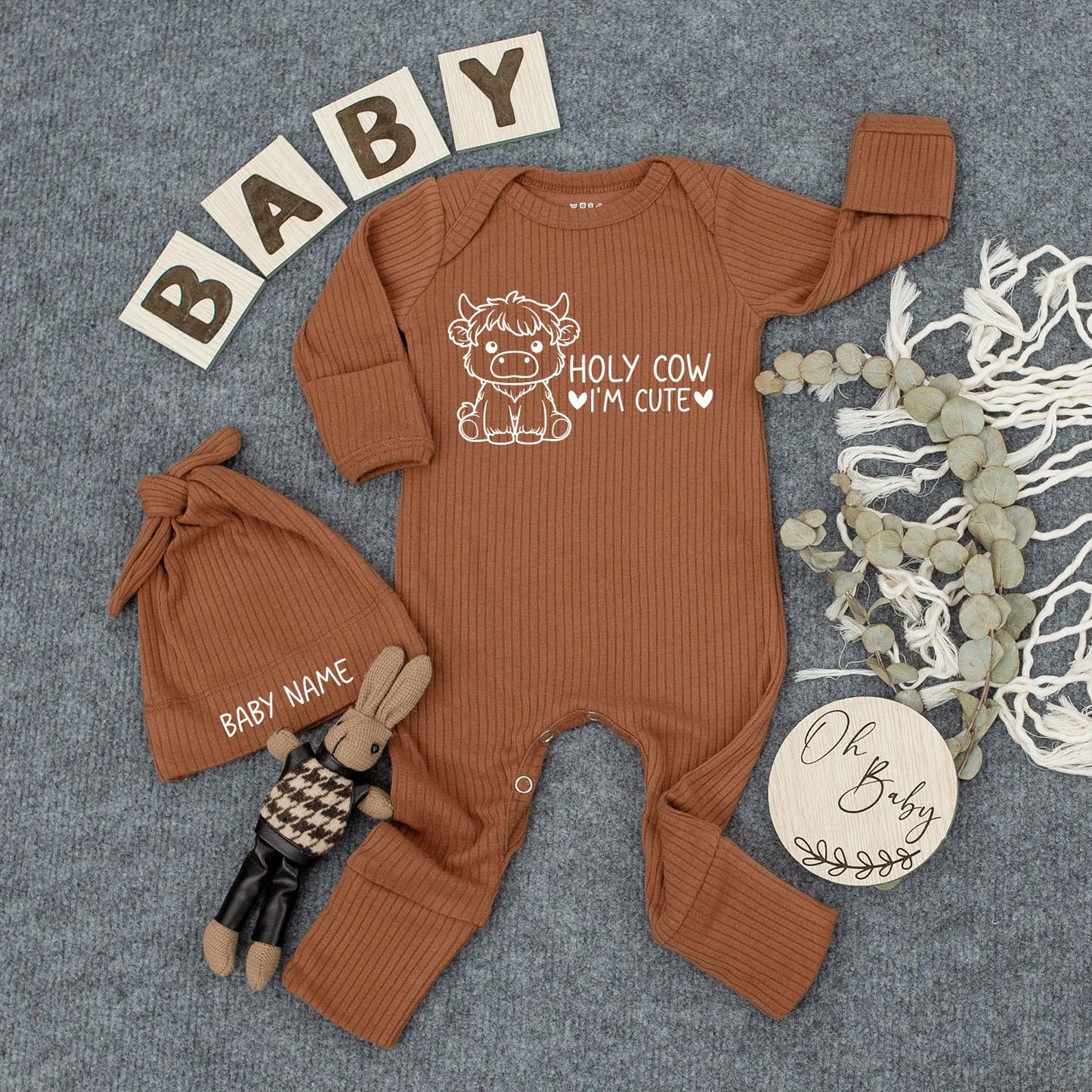 Holy Cow I'm Cute Baby Bodysuit and Hat Set Minimalist Cartoon Cow Design Gender Neutral Newborn Gift Going Home Outfit Pregnancy Reveal