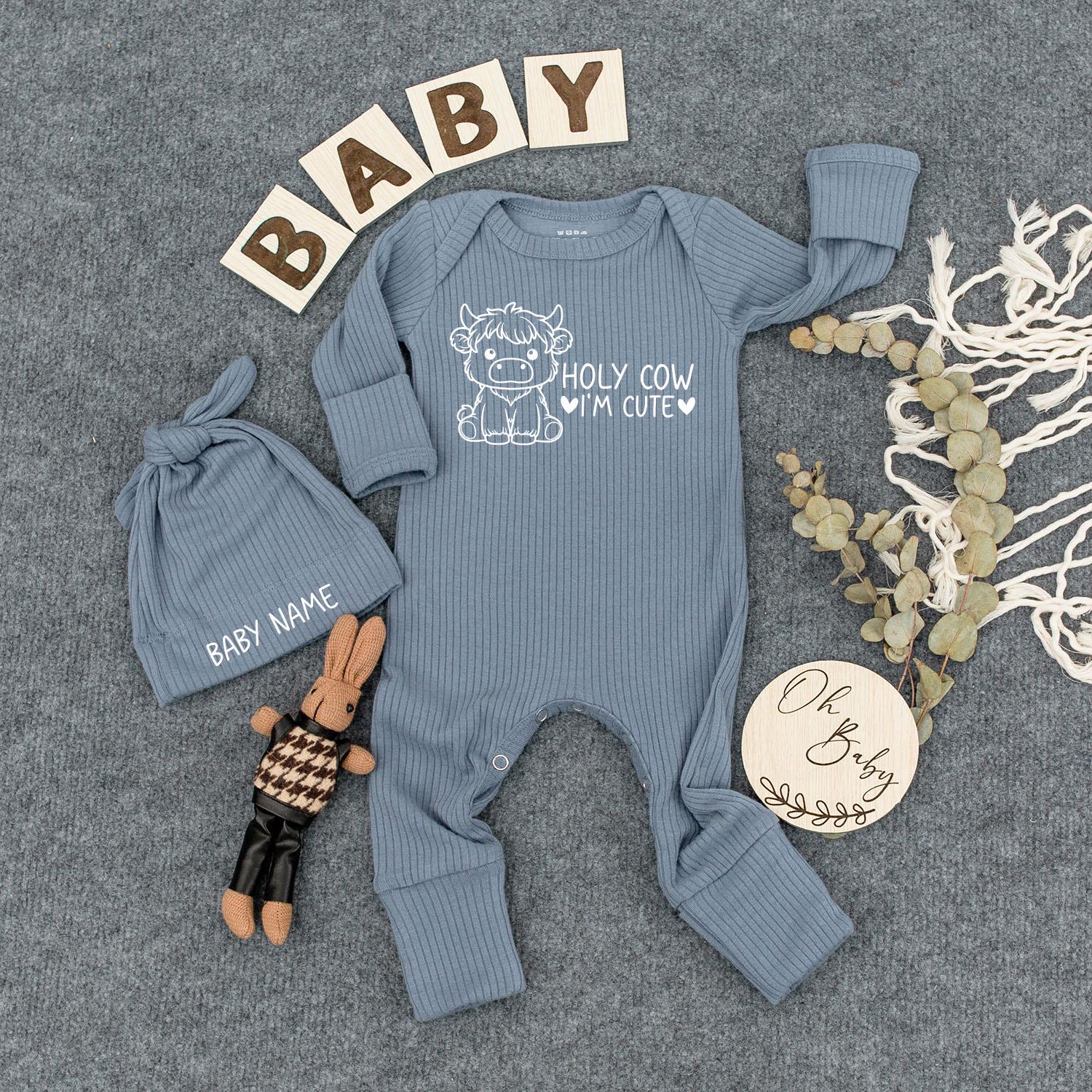 Holy Cow I'm Cute Baby Bodysuit and Hat Set Minimalist Cartoon Cow Design Gender Neutral Newborn Gift Going Home Outfit Pregnancy Reveal