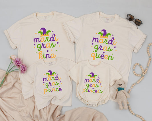 Personalized Matching Family Mardi Gras Shirts King Queen Prince Princess Set Jester Hat Purple Green Gold Star Fun Holiday Outfits