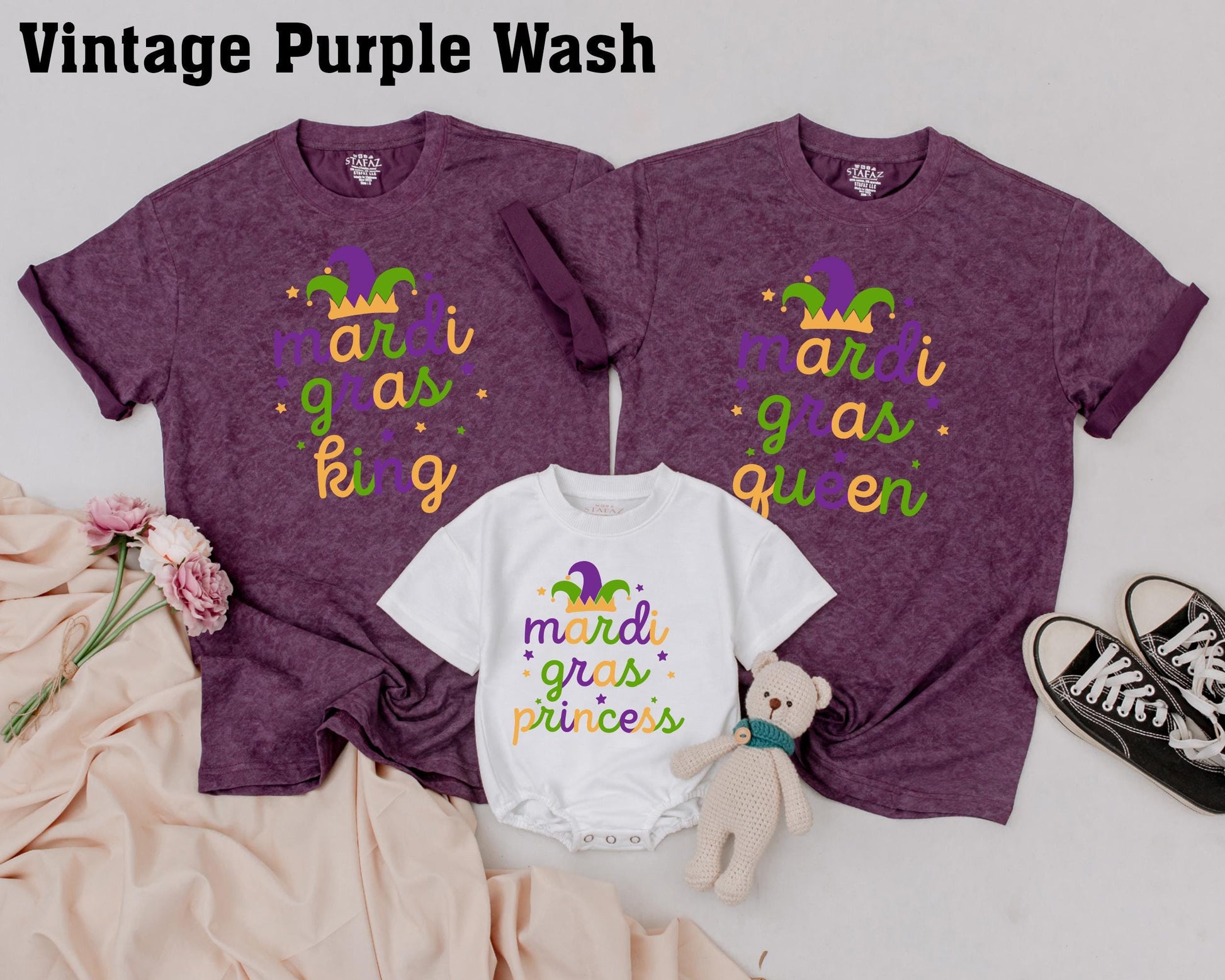 Personalized Matching Family Mardi Gras Shirts King Queen Prince Princess Set Jester Hat Purple Green Gold Star Fun Holiday Outfits