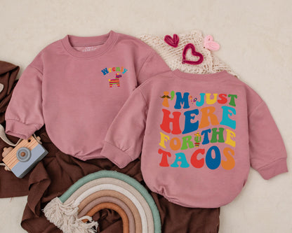 I'm Just Here For The Tacos Romper Personalized 1st Birthday Outfit Cute Taco Tuesday Baby Bodysuit Mexican Fiesta Gift