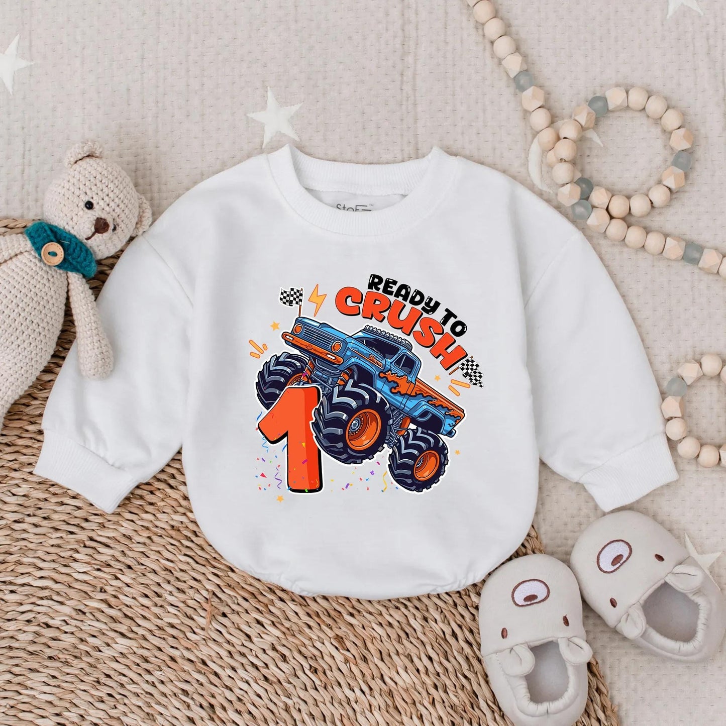 Ready To Crush One Monster Truck Birthday Bubble Romper for Boy First Birthday Celebration Outfit Toddler Infant Gift Comfortable Soft Cotton Shirt
