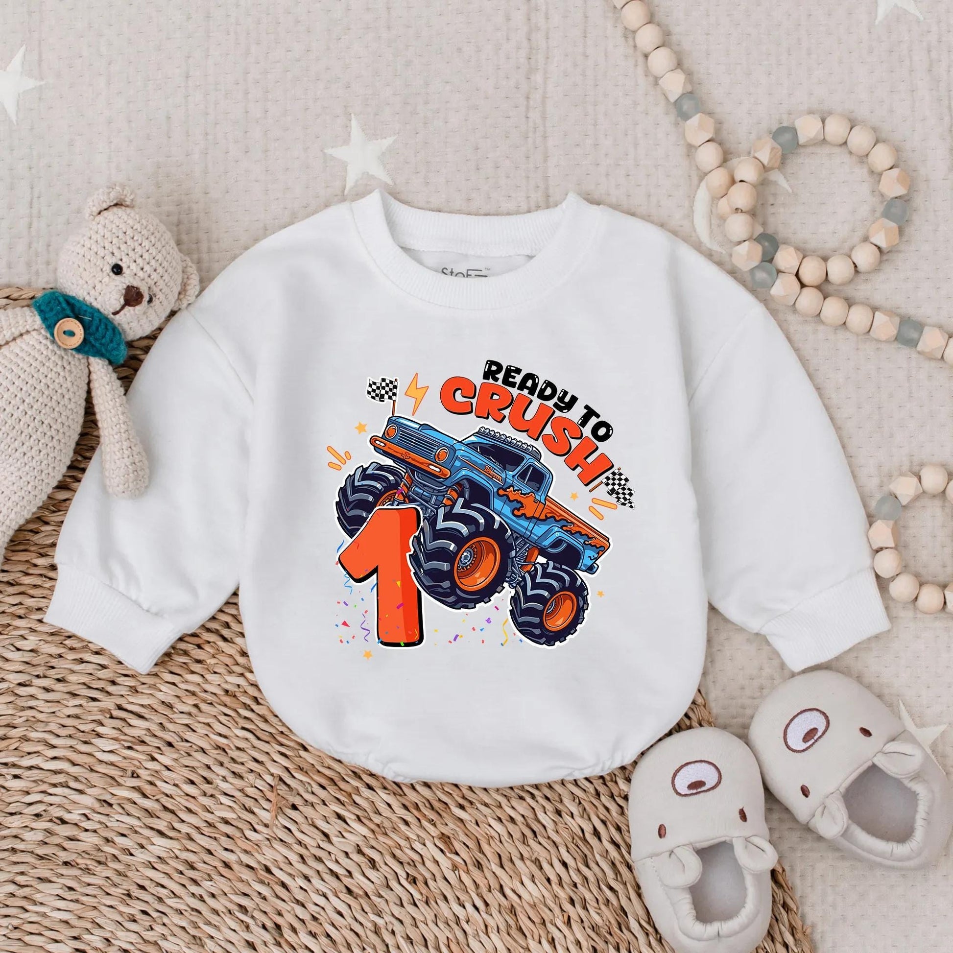 Ready To Crush One Monster Truck Birthday Bubble Romper for Boy First Birthday Celebration Outfit Toddler Infant Gift Comfortable Soft Cotton Shirt