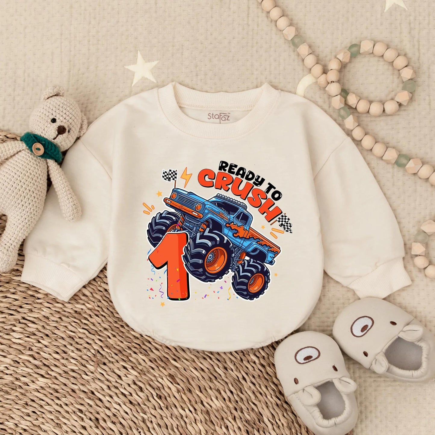 Ready To Crush One Monster Truck Birthday Bubble Romper for Boy First Birthday Celebration Outfit Toddler Infant Gift Comfortable Soft Cotton Shirt