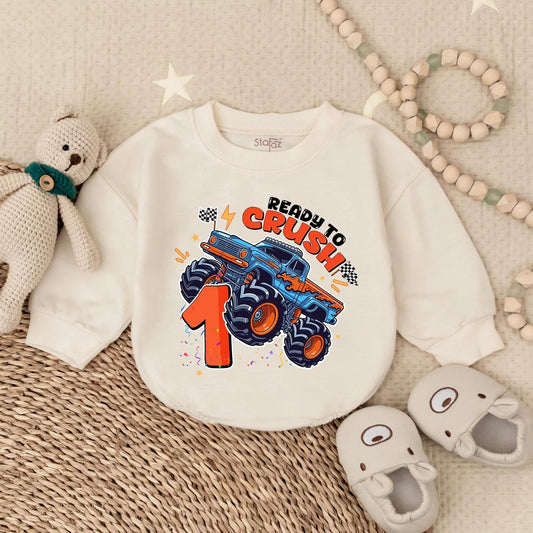Ready To Crush One Monster Truck Birthday Bubble Romper for Boy First Birthday Celebration Outfit Toddler Infant Gift Comfortable Soft Cotton Shirt