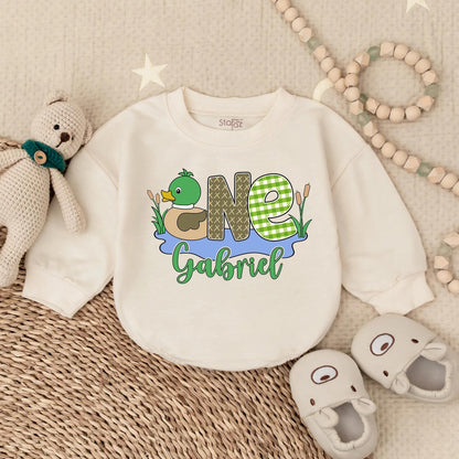 Custom Duck First Birthday Bubble Romper Baby Boy One Year Old Cute Comfortable Baby Outfit Celebration Party Wear Gift
