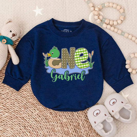 Custom Duck First Birthday Bubble Romper Baby Boy One Year Old Cute Comfortable Baby Outfit Celebration Party Wear Gift