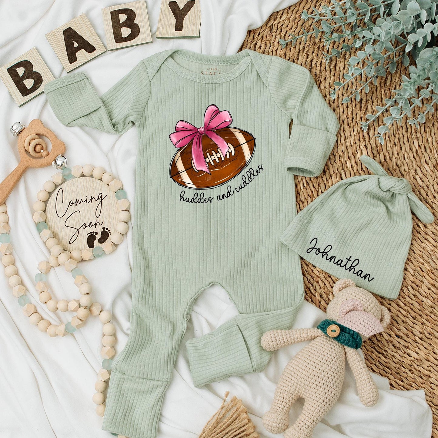Huddles & Cuddles Football Baby Girl Bodysuit Long Sleeve Outfit Natural Cotton Romper Custom Name Newborn Gift Going Home Outfit Personalized Shower Gift
