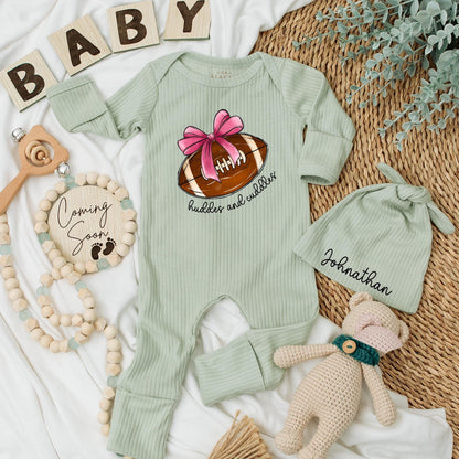 Huddles & Cuddles Football Baby Girl Bodysuit Long Sleeve Outfit Natural Cotton Romper Custom Name Newborn Gift Going Home Outfit Personalized Shower Gift