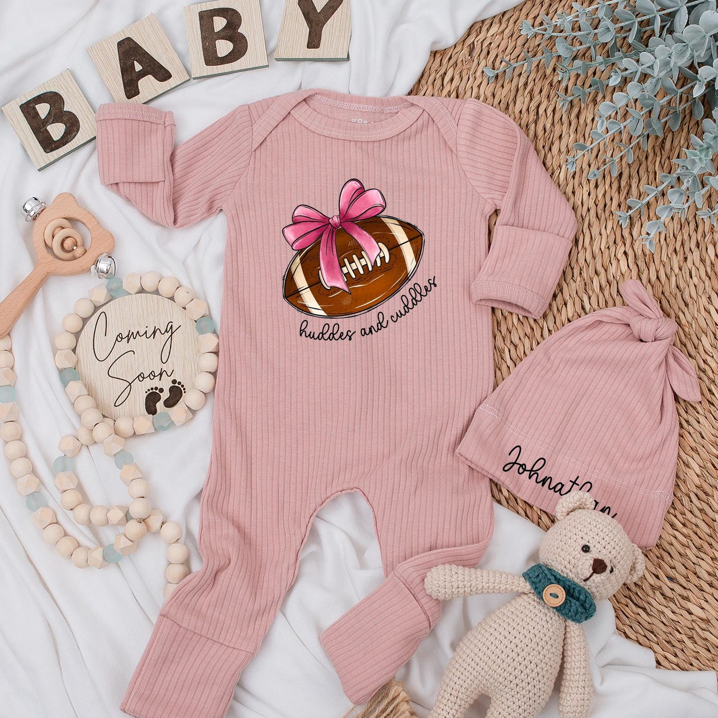 Huddles & Cuddles Football Baby Girl Bodysuit Long Sleeve Outfit Natural Cotton Romper Custom Name Newborn Gift Going Home Outfit Personalized Shower Gift