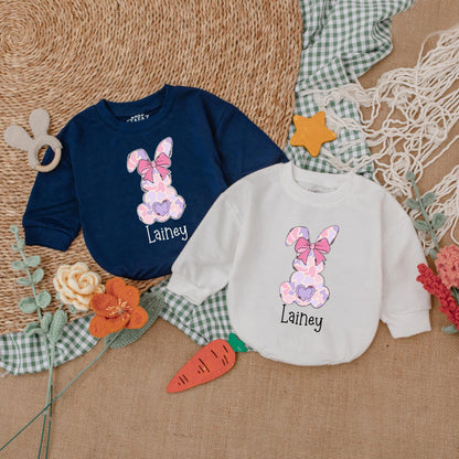 Pink Camo Personalized Easter Romper with Bow Baby Girl Bubble Romper Adorable First Easter Day Outfit Shower Gift